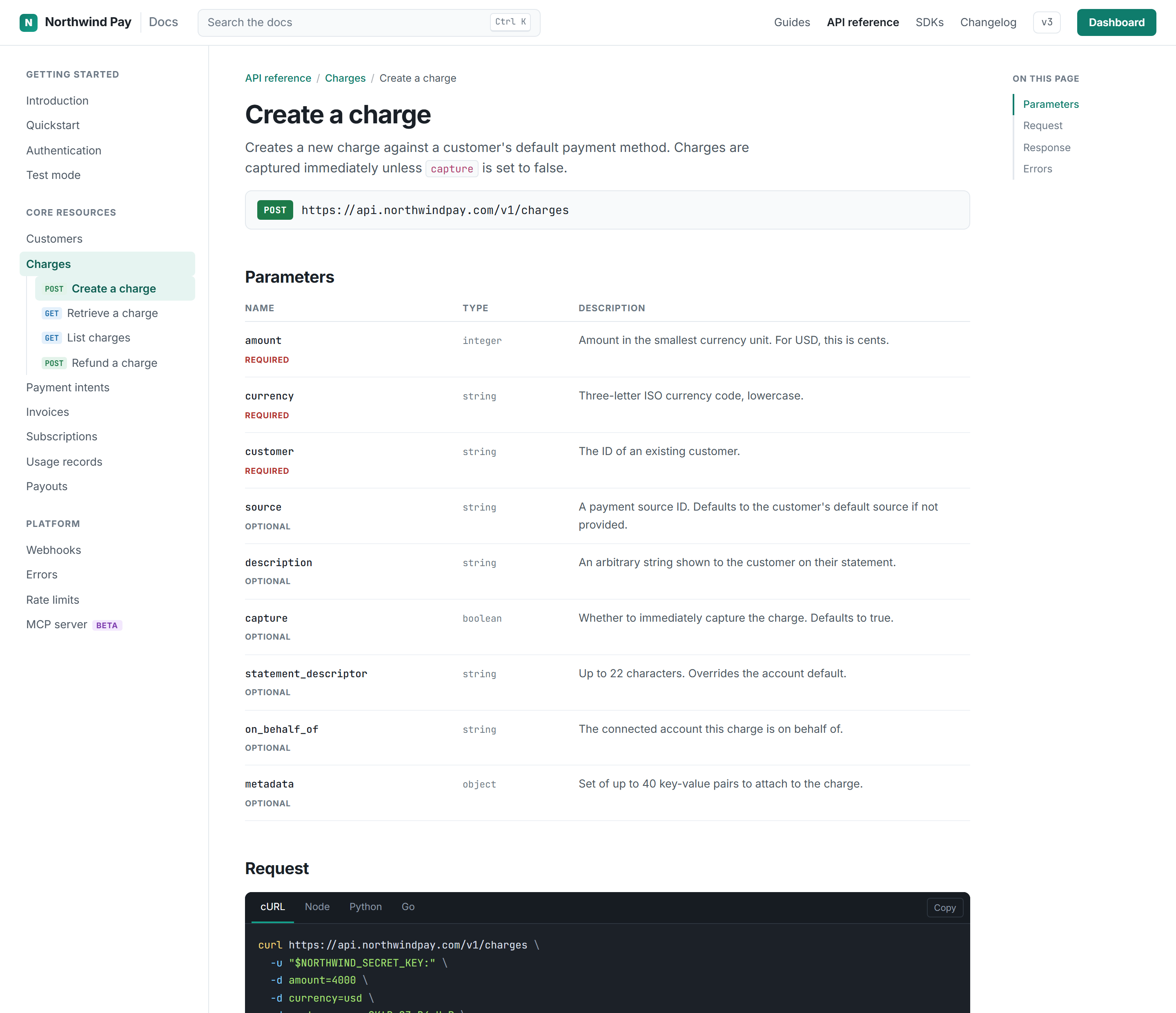 Northwind Pay API reference page for creating a charge, showing the parameters table