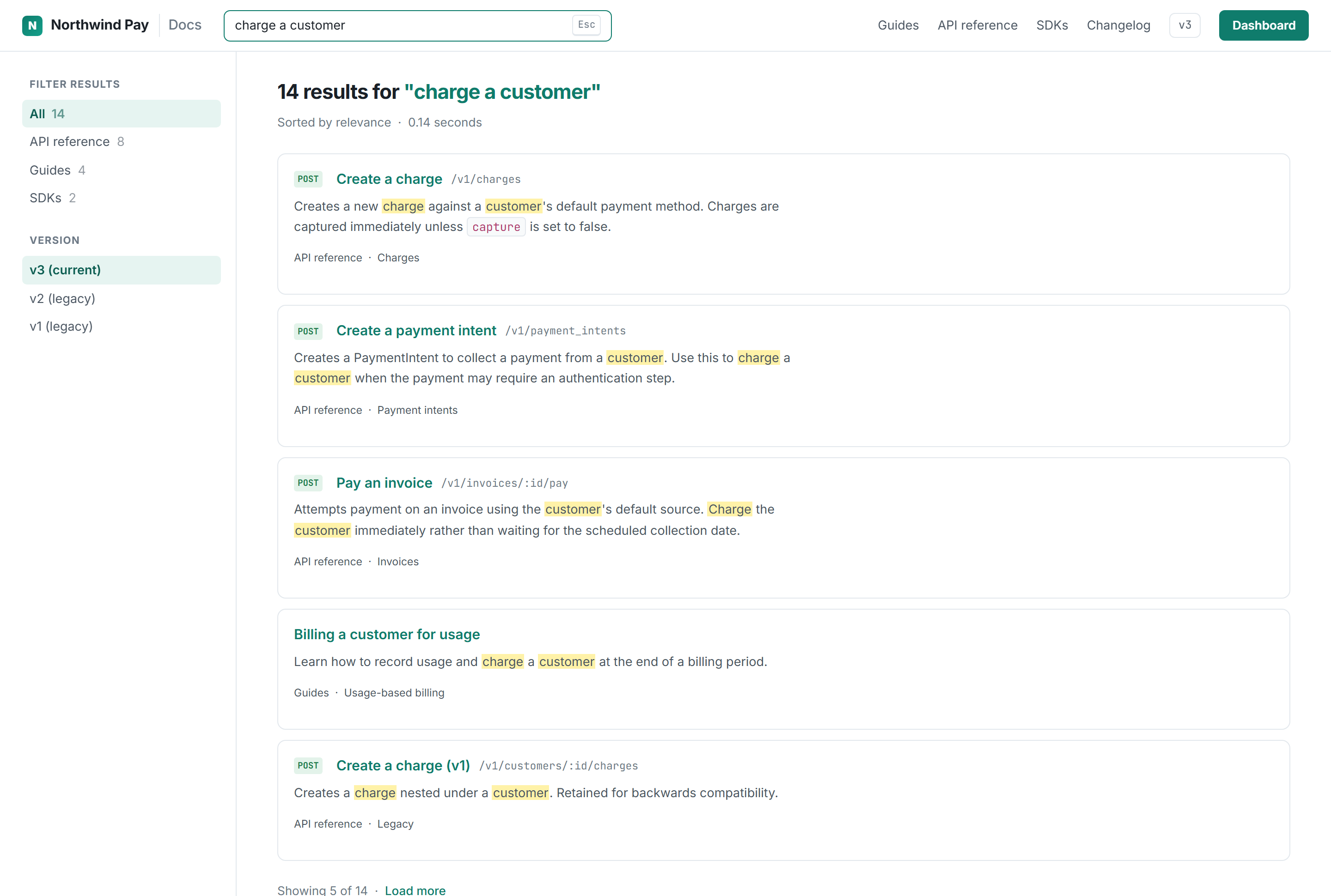 Documentation search results for "charge a customer" showing four competing endpoints