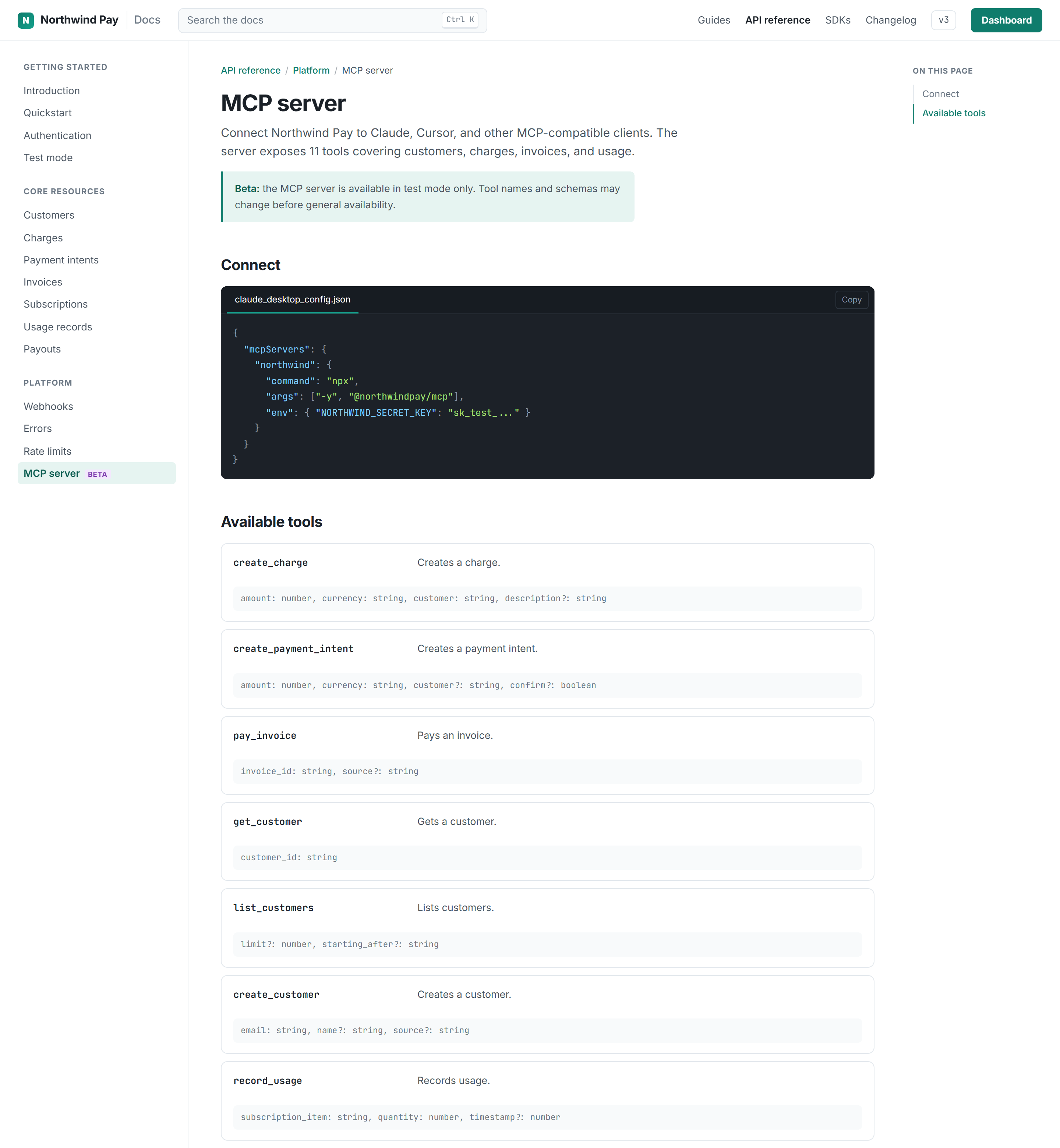 Northwind Pay MCP server tool catalog with one-line tool descriptions