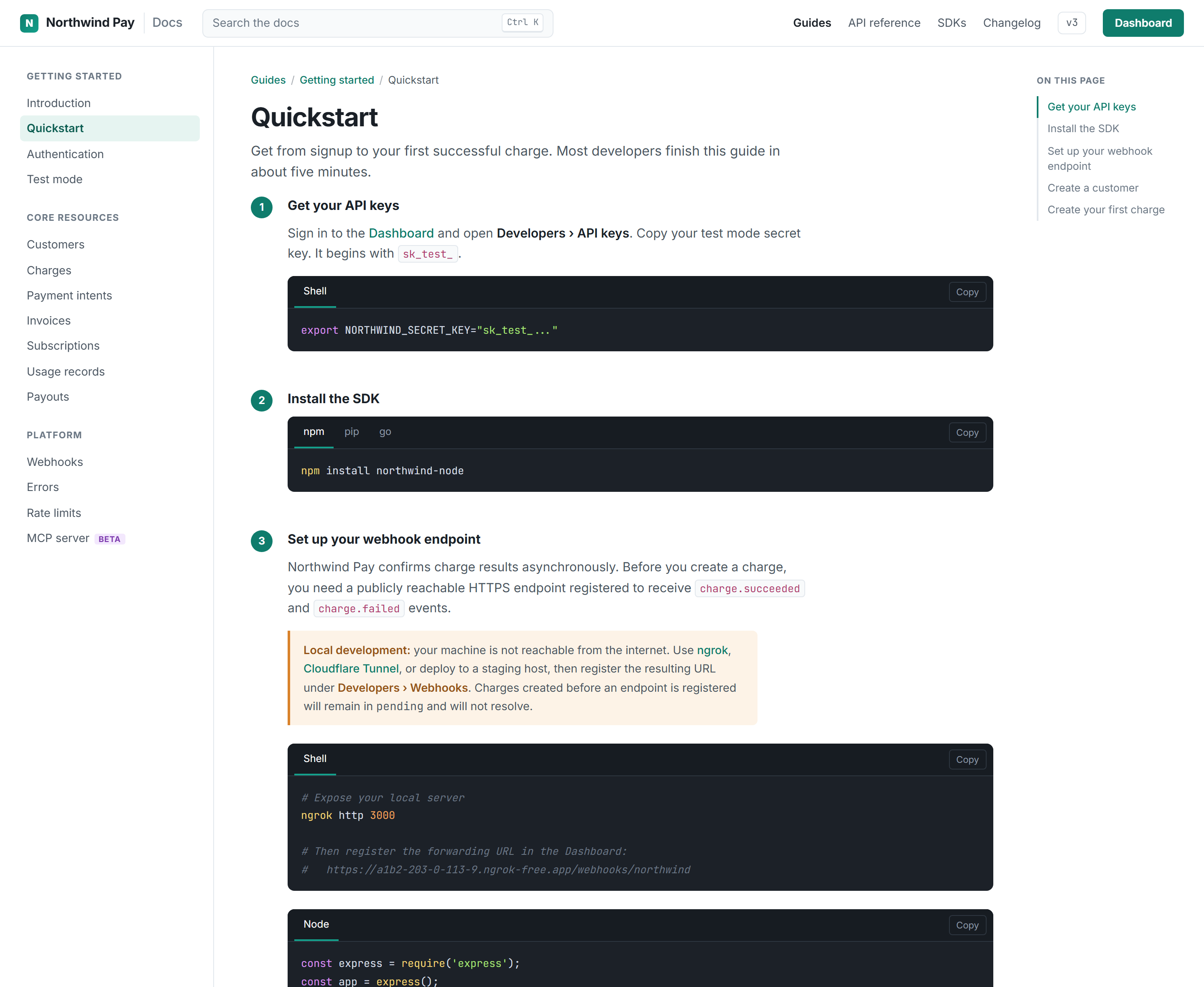 Northwind Pay quickstart guide showing five steps, with webhook setup as step 3